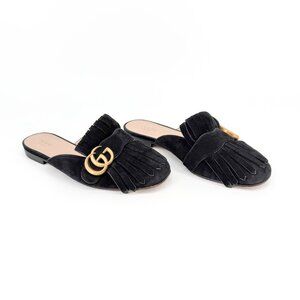 Gucci Marmont GG Fringe Flat Mules Black Suede Size 37 US 7 Women Kiltie Slipper